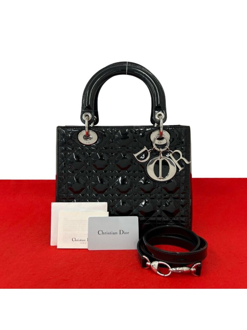 Dior Lady Cannage Stitch Patent Leather 2-Way Shoulder Bag Black